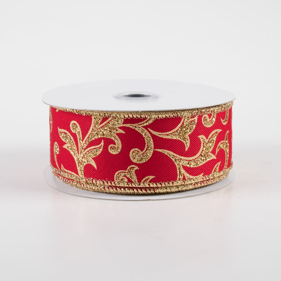 1.5" Acanthus Leaf Ribbon: Red & Gold (10 Yards)