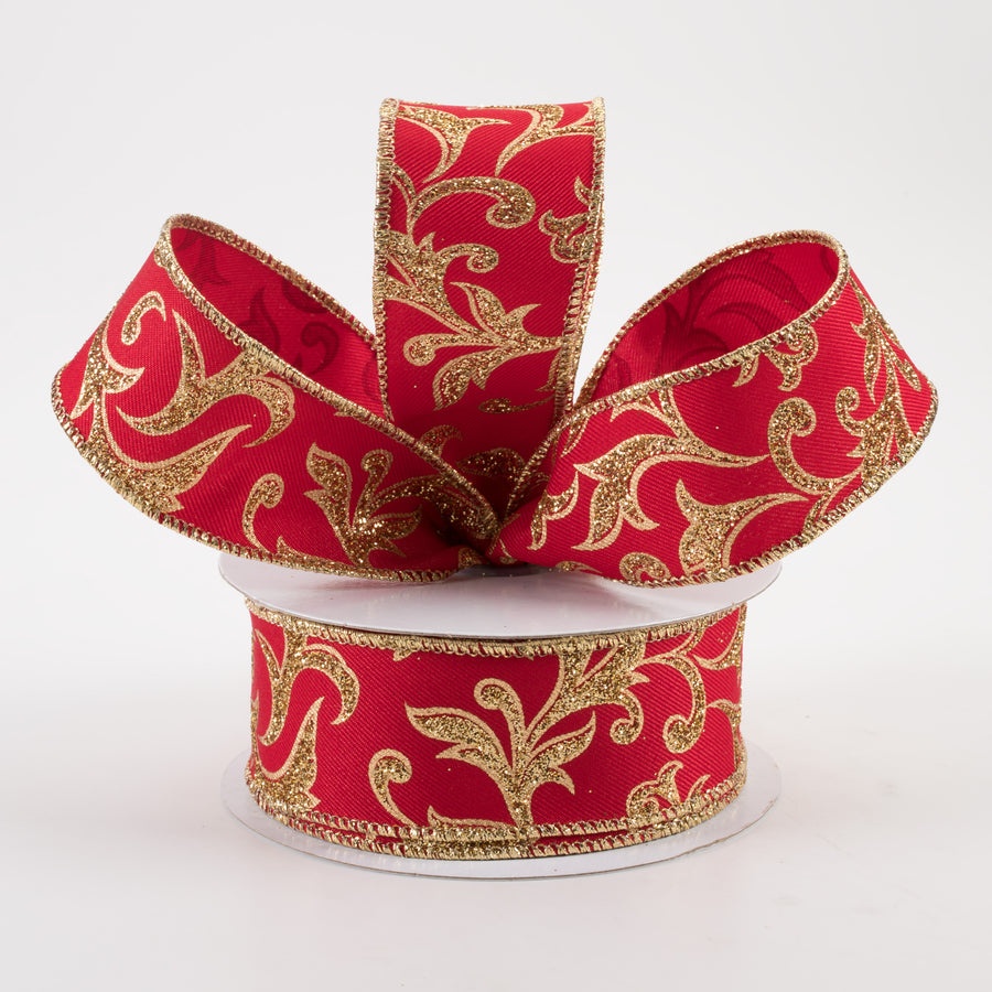1.5" Acanthus Leaf Ribbon: Red & Gold (10 Yards)