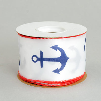 2.25" White Nautical Anchor Ribbon: RWB (10 Yards)