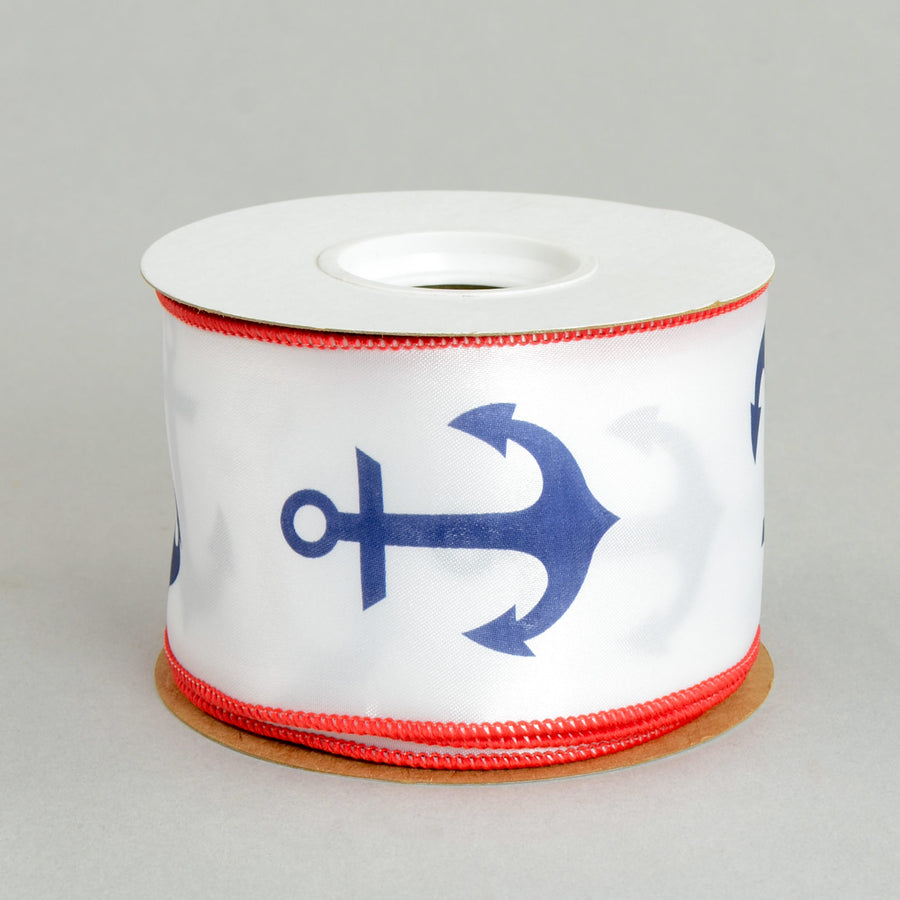2.25" White Nautical Anchor Ribbon: RWB (10 Yards)