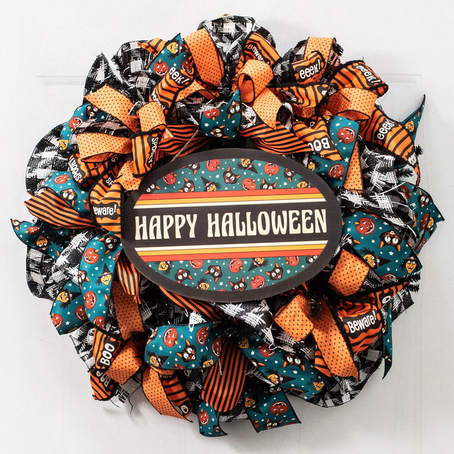 13" Oval Wooden Sign: Happy Halloween Vintage Cat, Witch, Jack-O-Lantern
