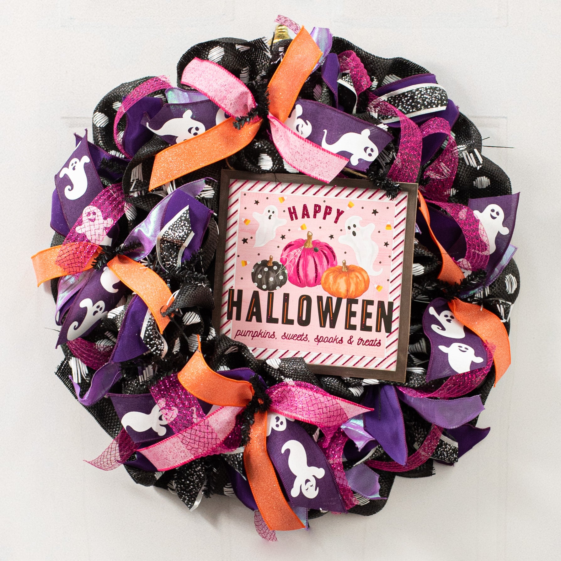 10" Square Wooden Sign: Pink, Orange, Black Happy Halloween