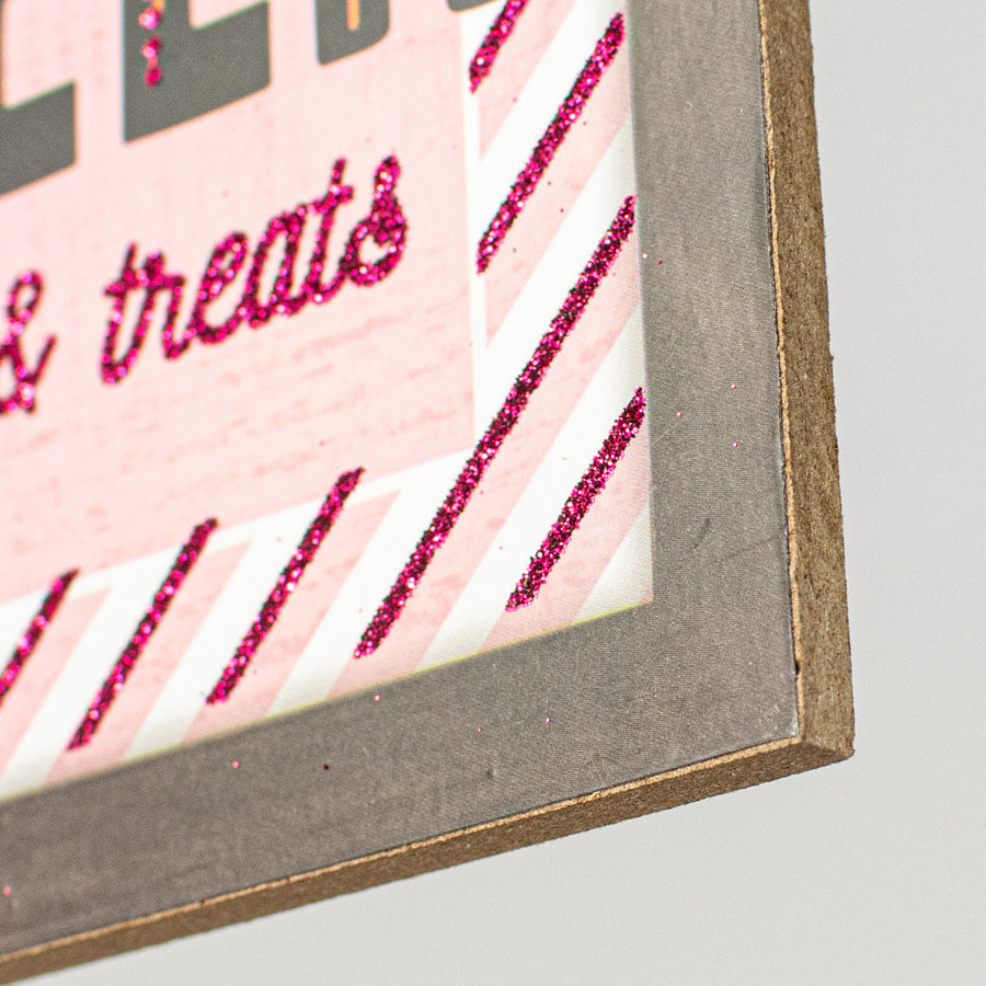 10" Square Wooden Sign: Pink, Orange, Black Happy Halloween