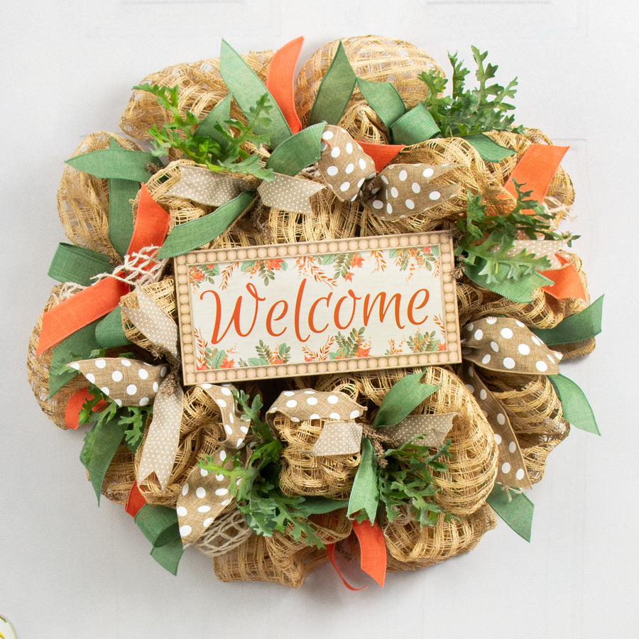 12" Wooden Sign: Bead Edge Welcome Leaves