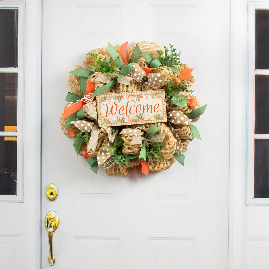 12" Wooden Sign: Bead Edge Welcome Leaves