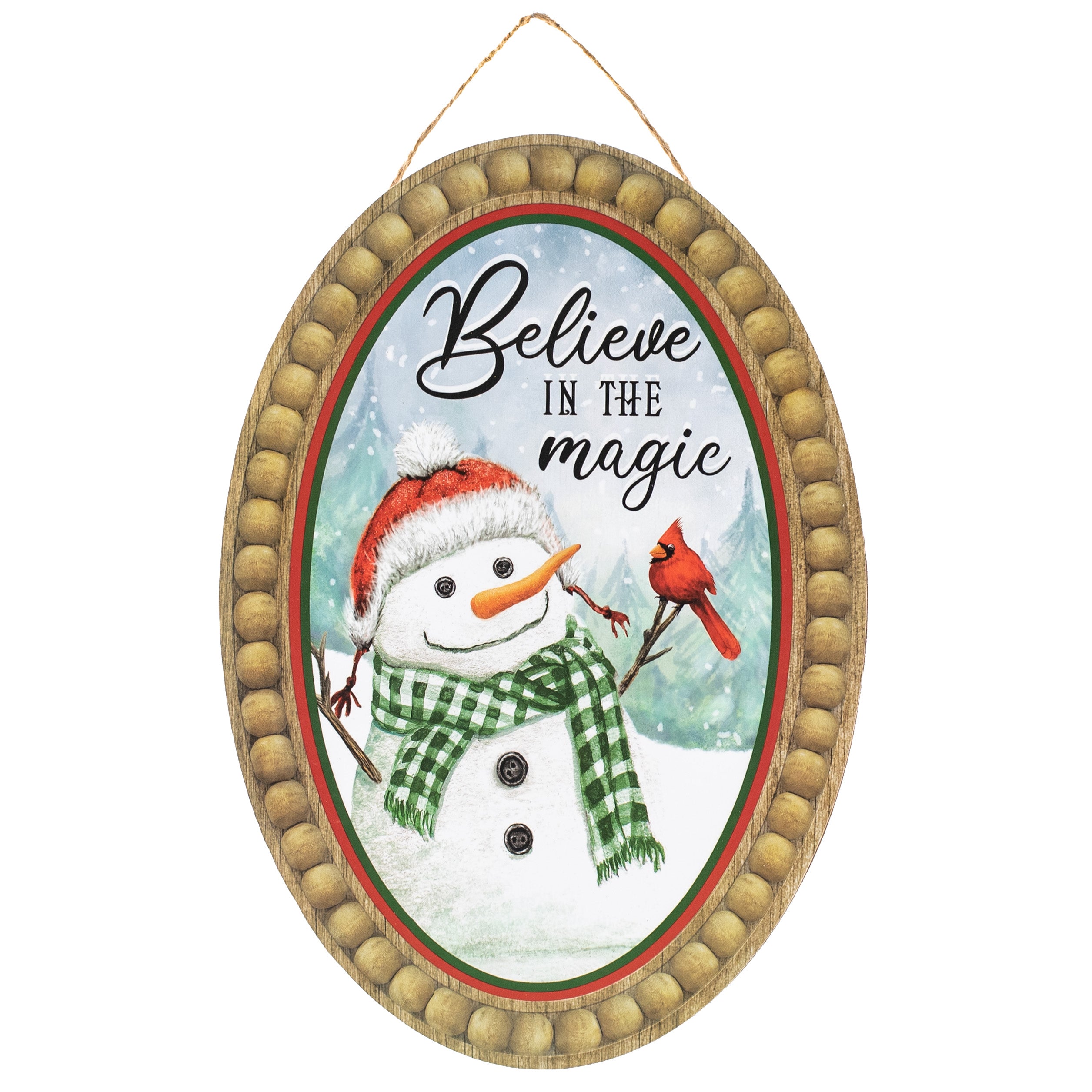 13" Oval Wooden Sign: Bead Edge Believe Magic Cardinal Snowman