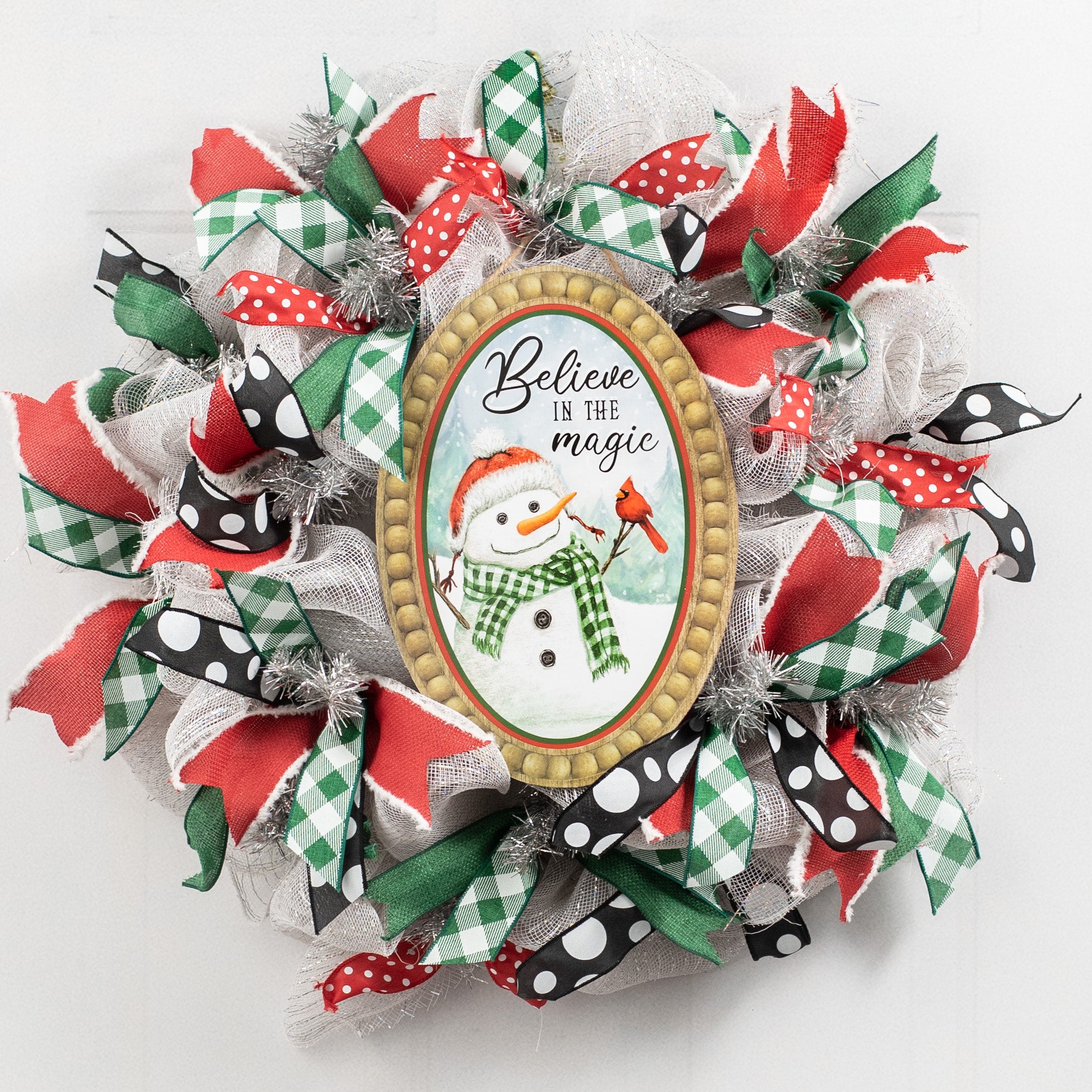 13" Oval Wooden Sign: Bead Edge Believe Magic Cardinal Snowman