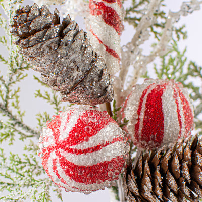 15" Fllocked Snow Peppermint, Pine & Cones Pick