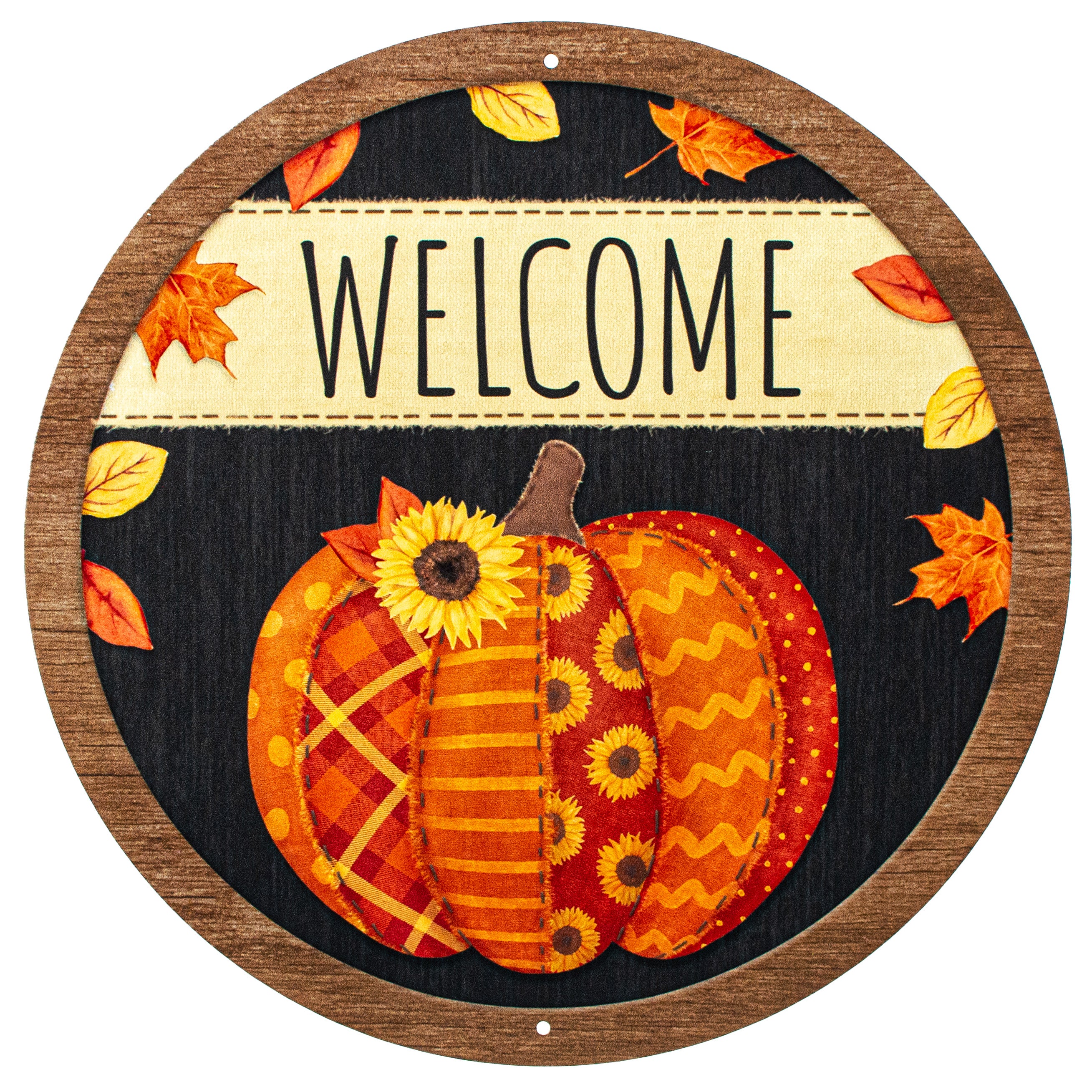 12" Metal Sign: Welcome Quilted Orange Pumpkin