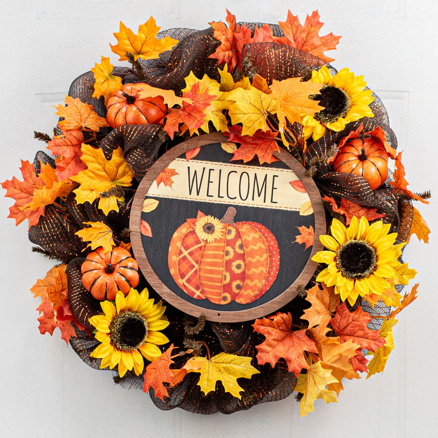 12" Metal Sign: Welcome Quilted Orange Pumpkin