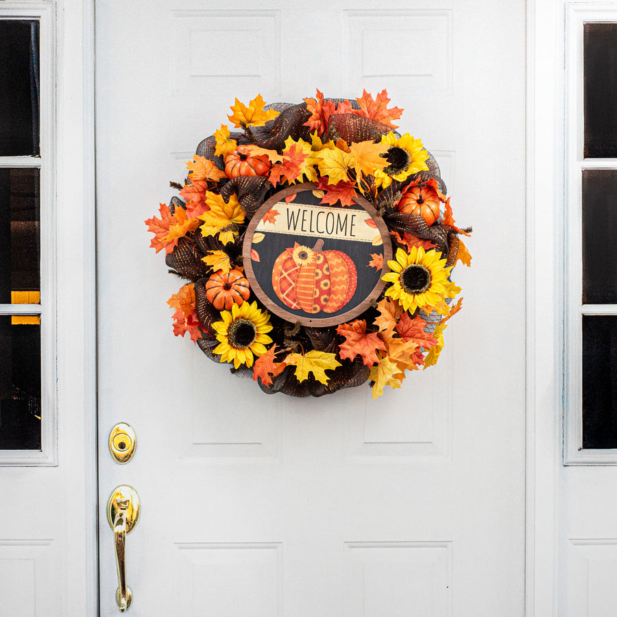 12" Metal Sign: Welcome Quilted Orange Pumpkin