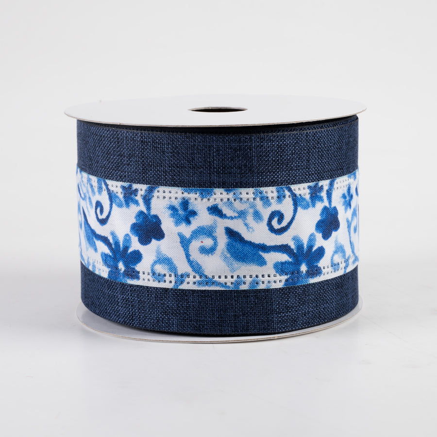 2.5" Linen Watercolor Flower Branches Ribbon: Blue Edge (10 Yards)