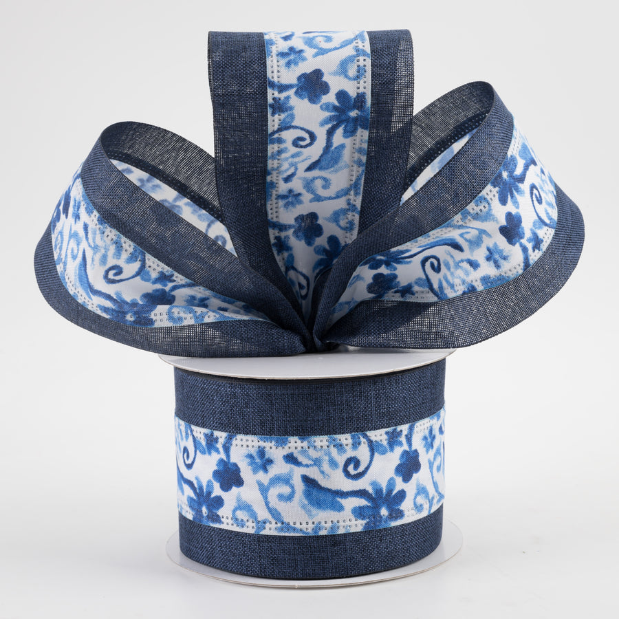2.5" Linen Watercolor Flower Branches Ribbon: Blue Edge (10 Yards)