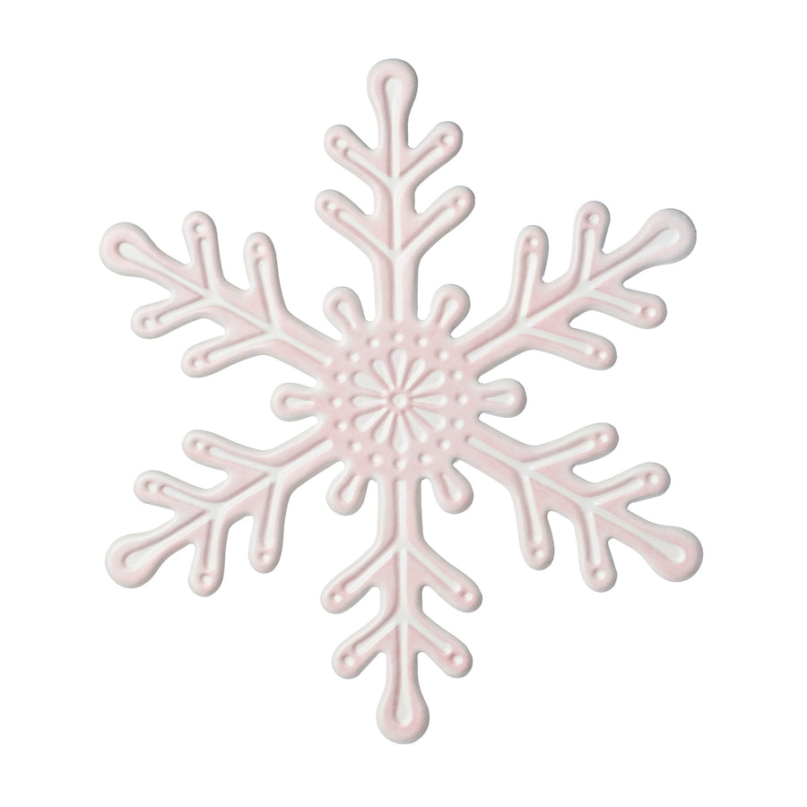 12" Embossed Metal Snowflake Hanger: Pale Pink & White