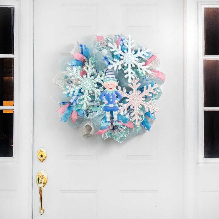 12" Embossed Metal Snowflake Hanger: Pale Pink & White