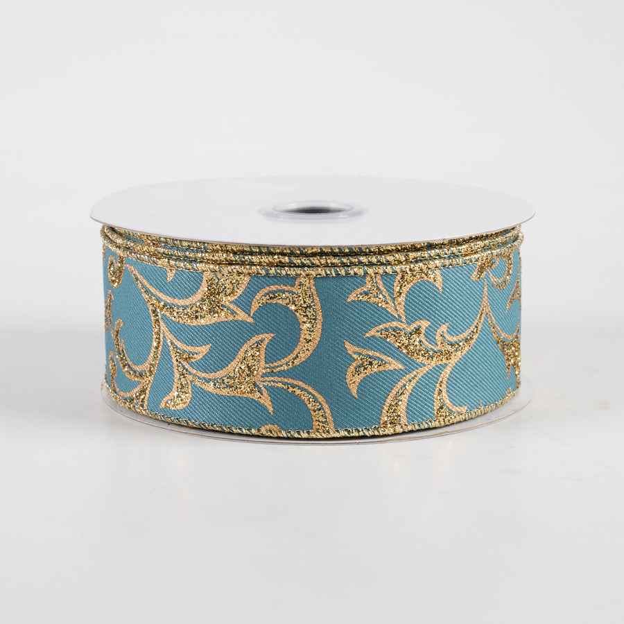1.5" Acanthus Leaf Ribbon: Smoke Blue & Gold (10 Yards)