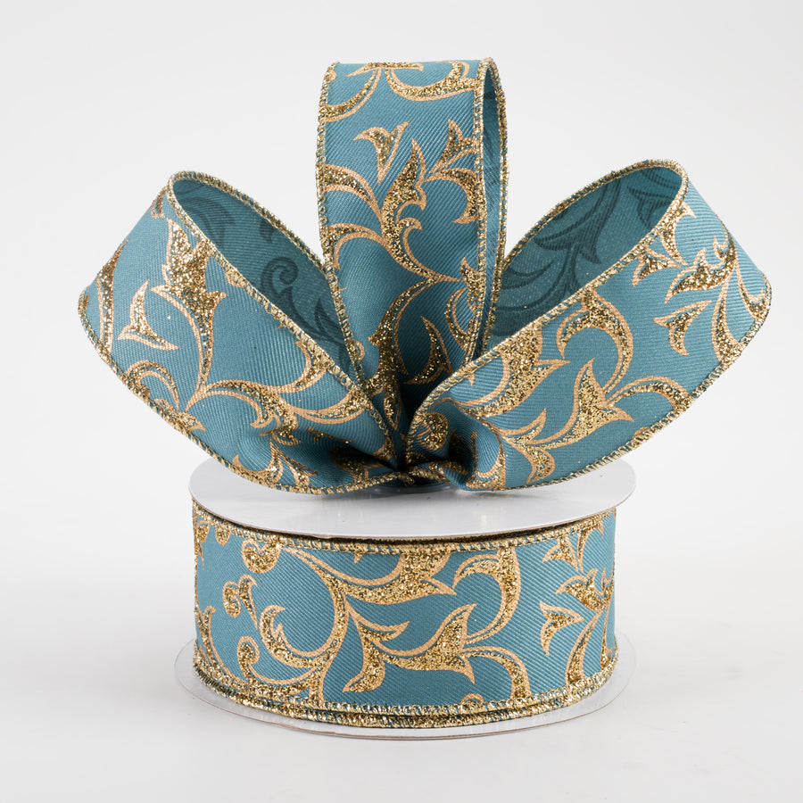 1.5" Acanthus Leaf Ribbon: Smoke Blue & Gold (10 Yards)