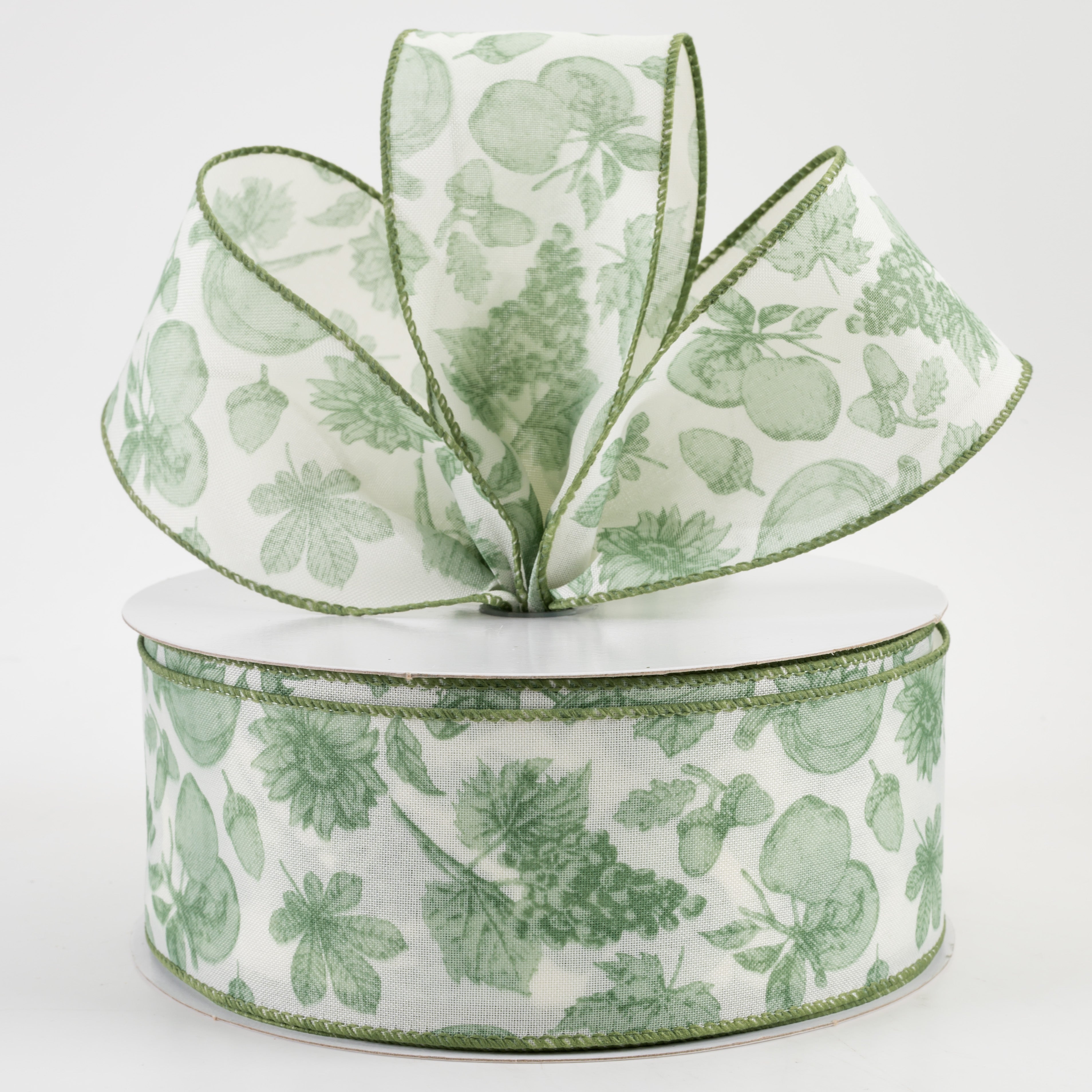 2.5" Linen Fall Toile Ribbon: Green on Cream (50 Yards)