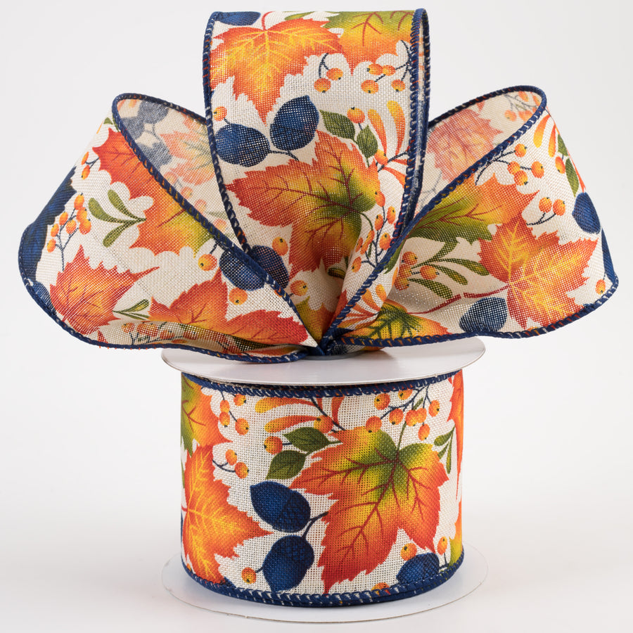 2.5" Linen Navy Fall Leaves Ribbon: Ivory (10 Yards)