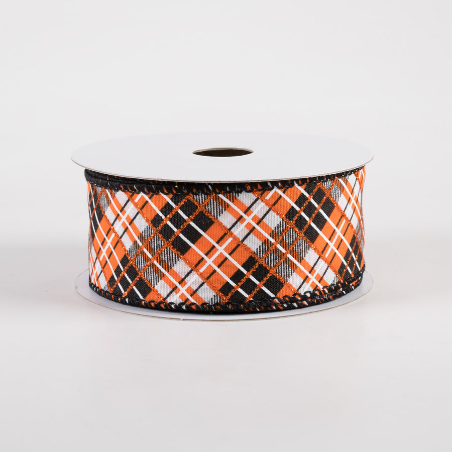 1.5" Satin Busy Diagonal Plaid Ribbon: Black, Orange & White (10 Yards)