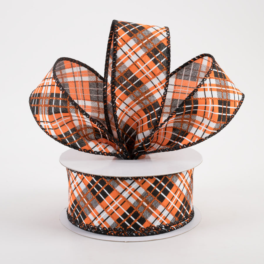 1.5" Satin Busy Diagonal Plaid Ribbon: Black, Orange & White (10 Yards)