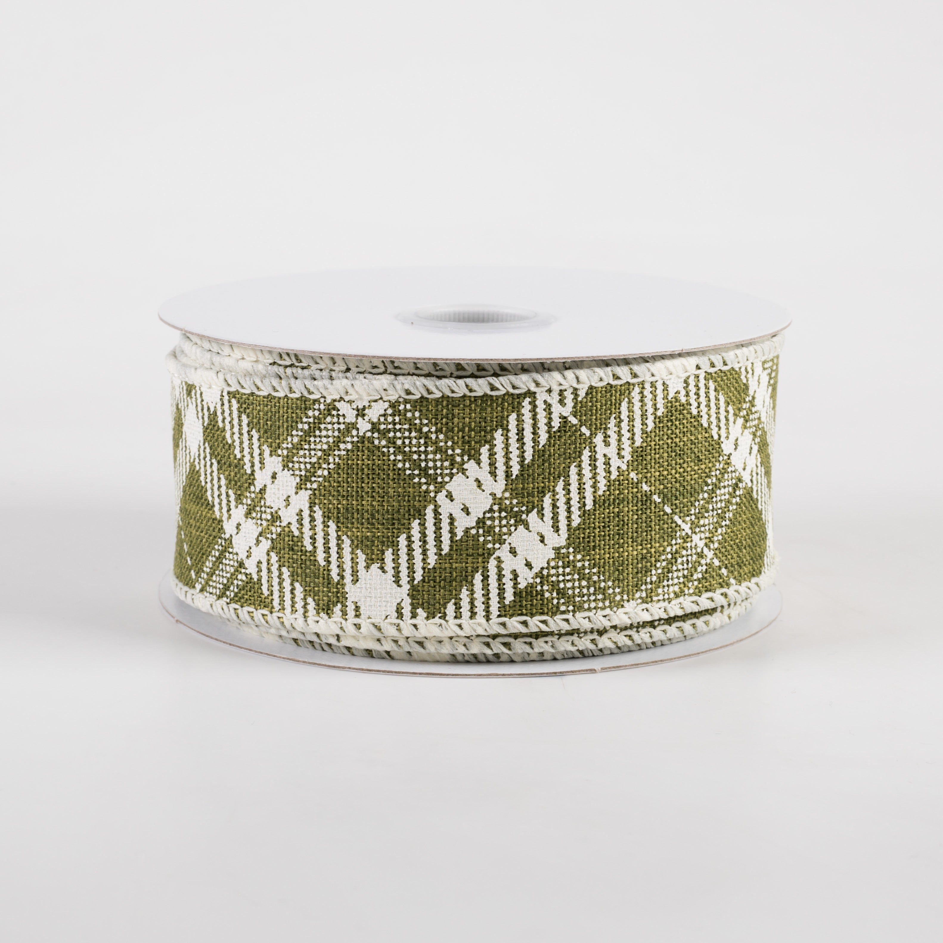 1.5" Linen Hazel Diagonal Plaid Ribbon: Moss Green (10 Yards)