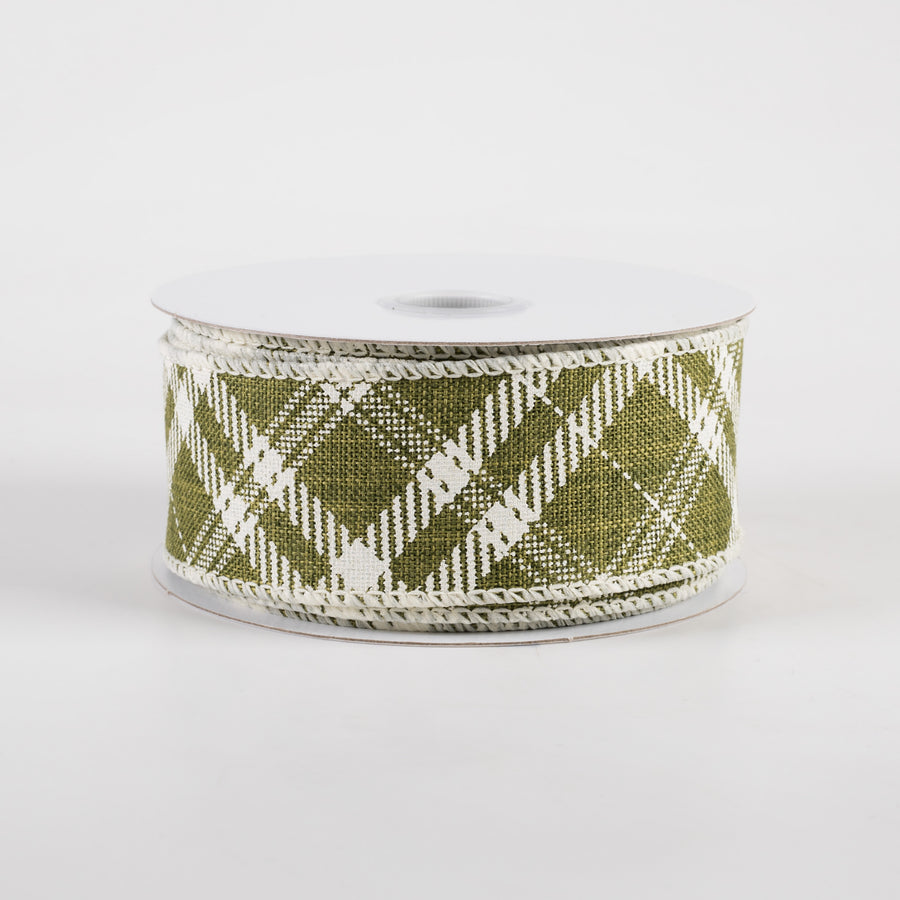1.5" Linen Hazel Diagonal Plaid Ribbon: Moss Green (10 Yards)