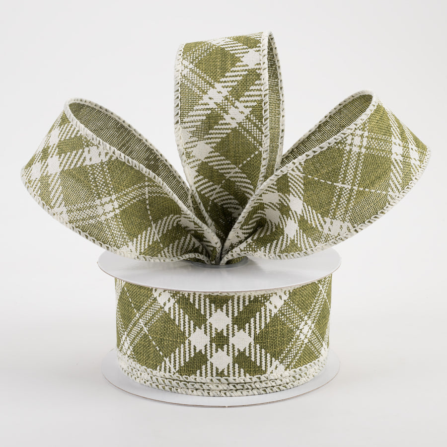 1.5" Linen Hazel Diagonal Plaid Ribbon: Moss Green (10 Yards)