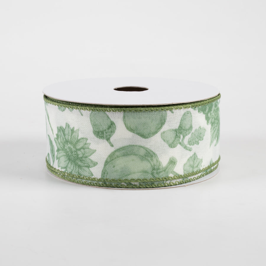 1.5" Linen Fall Toile Ribbon: Green on Cream (10 Yards)