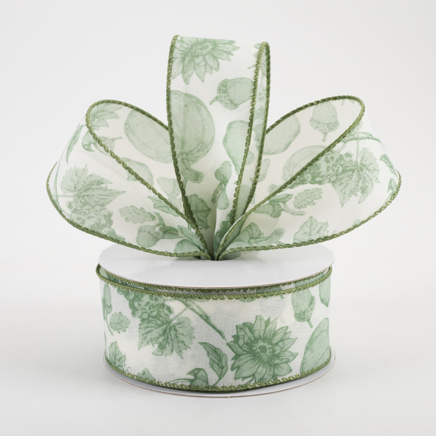 1.5" Linen Fall Toile Ribbon: Green on Cream (10 Yards)