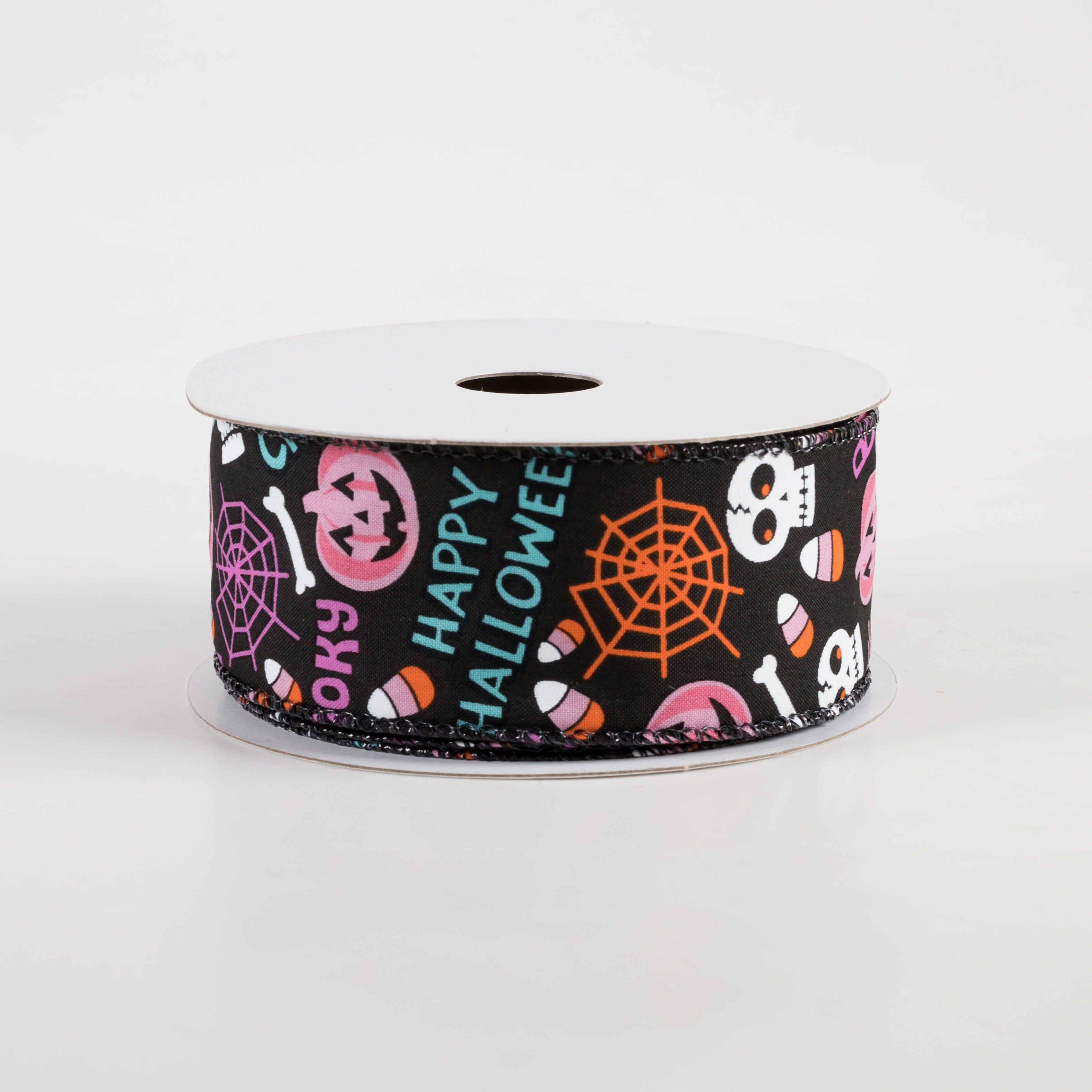 1.5" Black Satin Halloween Icons Ribbon: Purple, Pink & Teal (10 Yards)