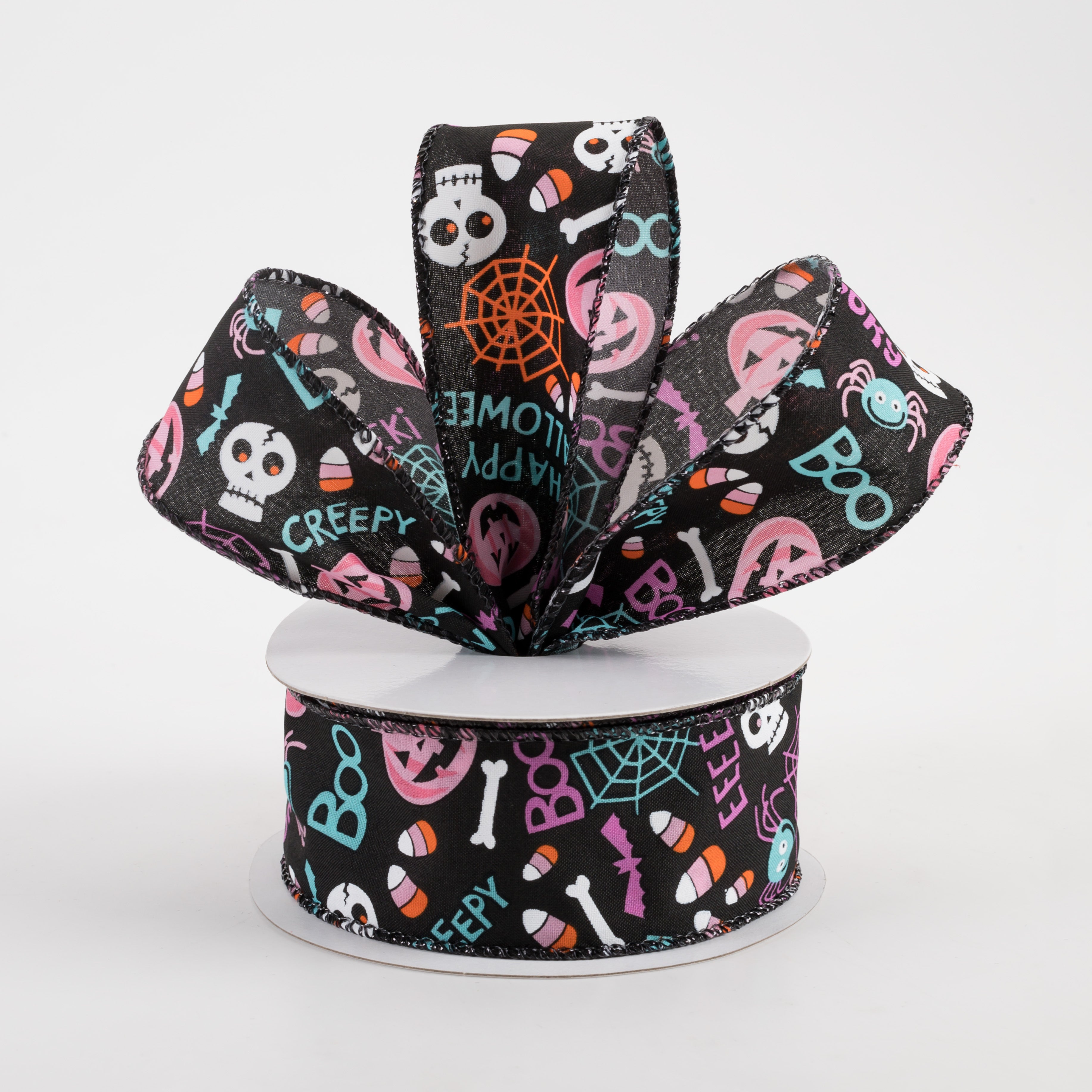 1.5" Black Satin Halloween Icons Ribbon: Purple, Pink & Teal (10 Yards)