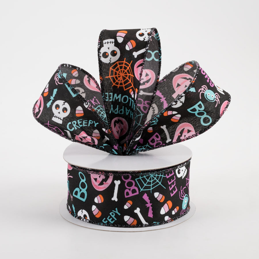 1.5" Black Satin Halloween Icons Ribbon: Purple, Pink & Teal (10 Yards)