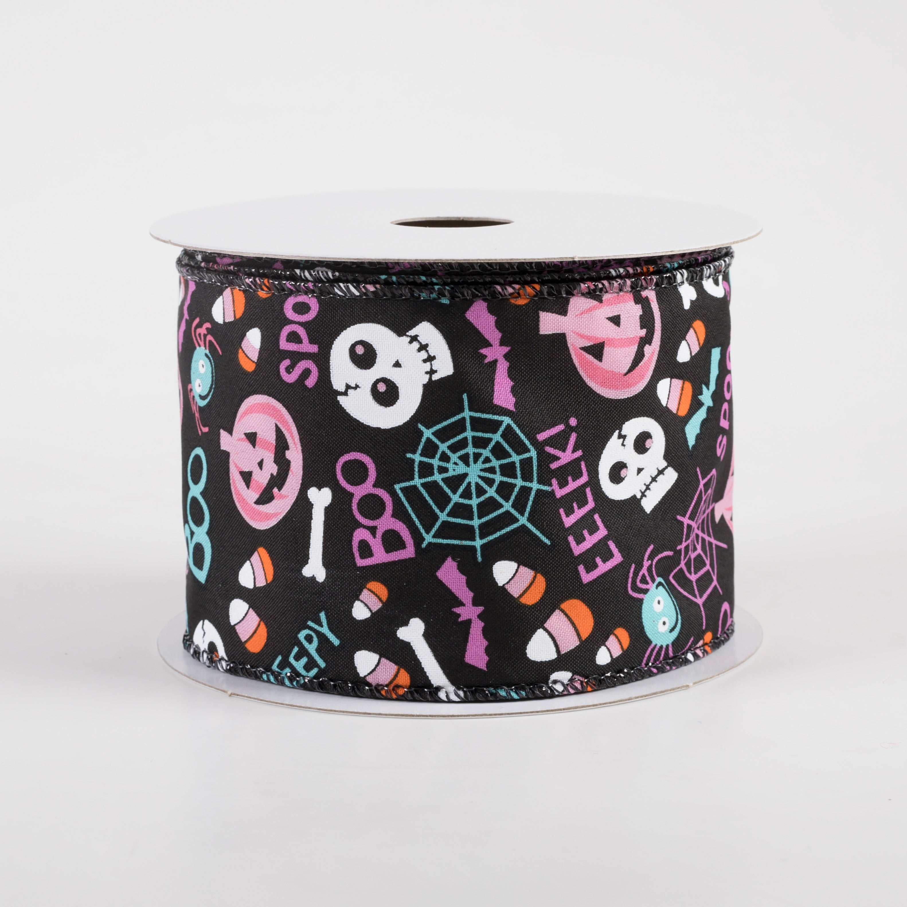 2.5" Black Satin Halloween Icons Ribbon: Purple, Pink & Teal (10 Yards)