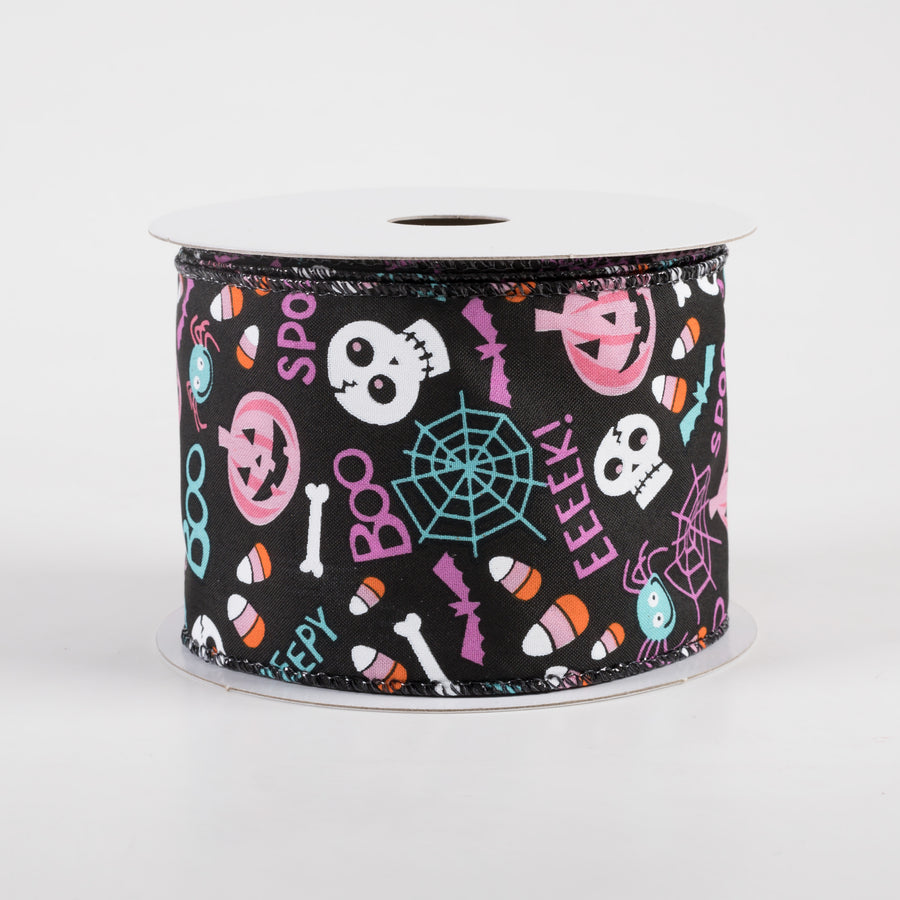 2.5" Black Satin Halloween Icons Ribbon: Purple, Pink & Teal (10 Yards)