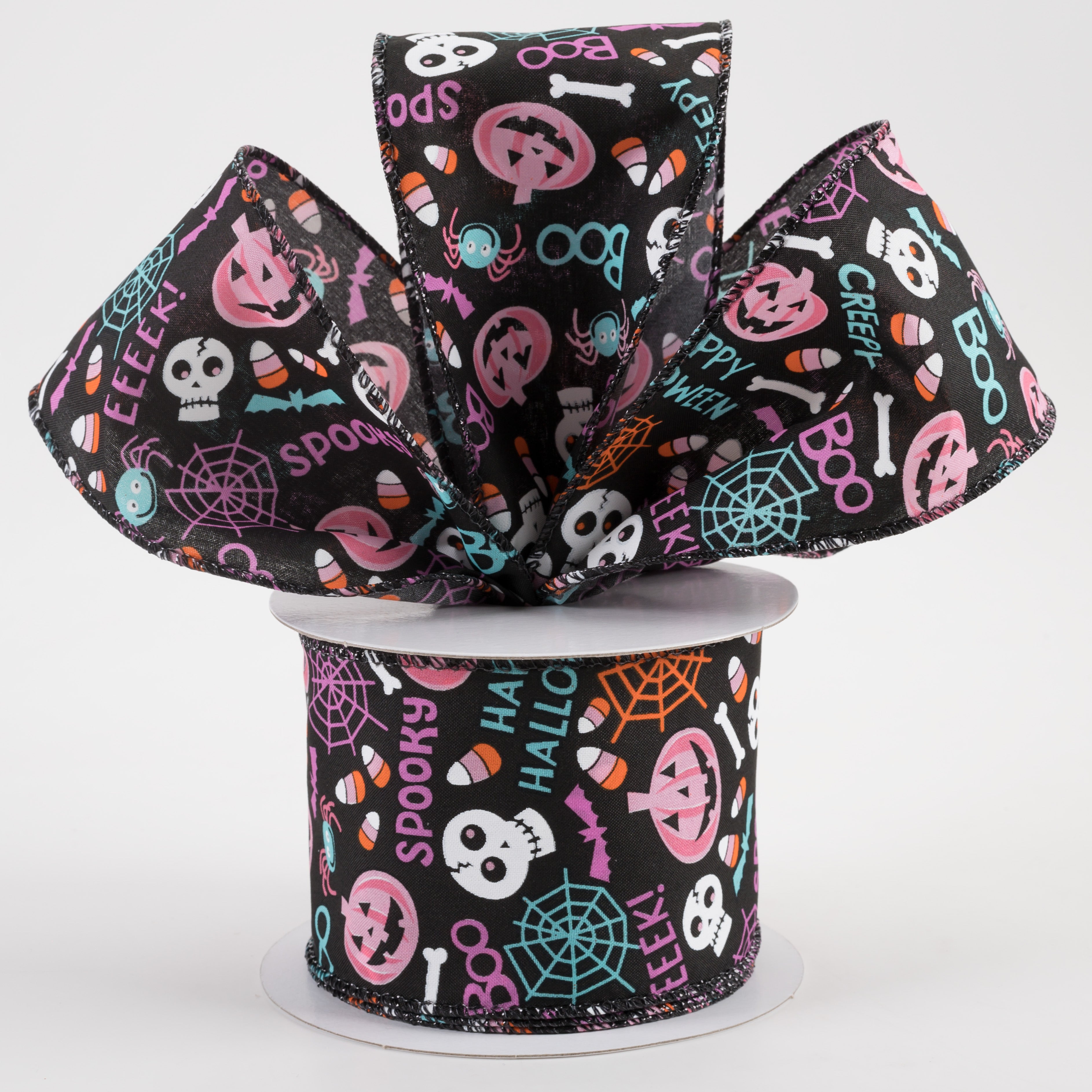 2.5" Black Satin Halloween Icons Ribbon: Purple, Pink & Teal (10 Yards)