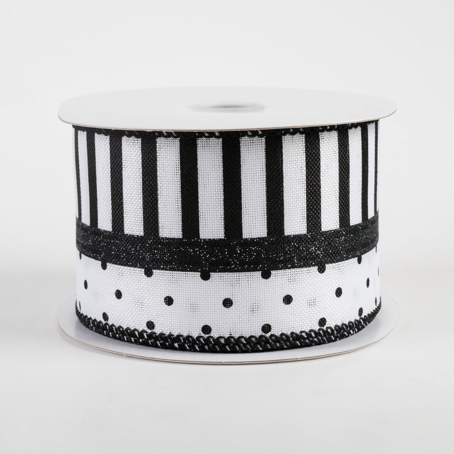 2.5" Linen Dots & Stripes Ribbon: White & Black (10 Yards)