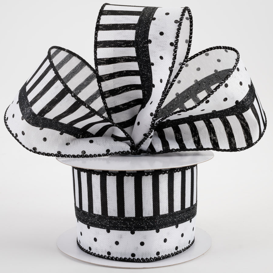 2.5" Linen Dots & Stripes Ribbon: White & Black (10 Yards)