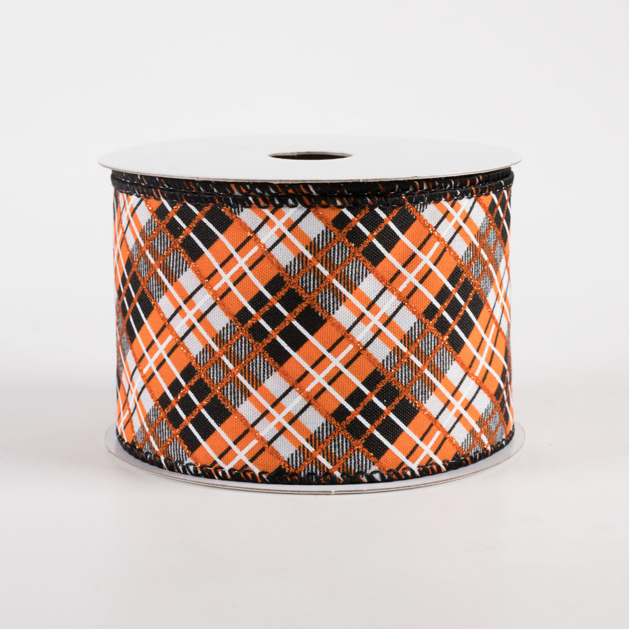 2.5" Satin Busy Diagonal Plaid Ribbon: Black, Orange & White (10 Yards)