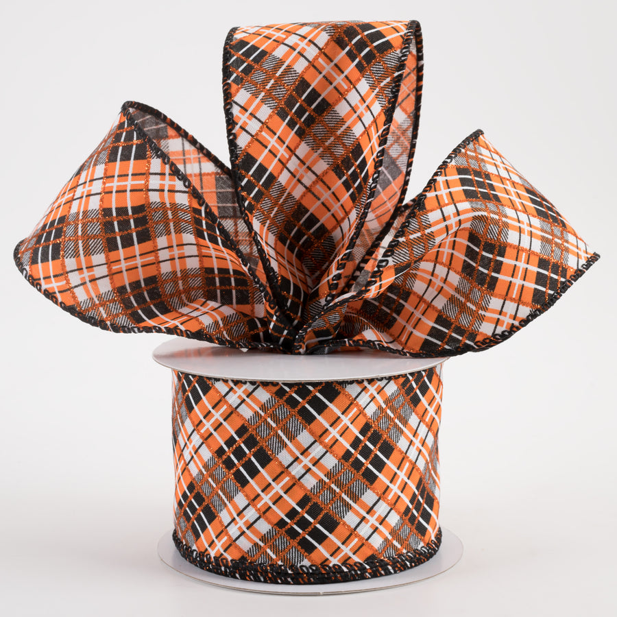 2.5" Satin Busy Diagonal Plaid Ribbon: Black, Orange & White (10 Yards)