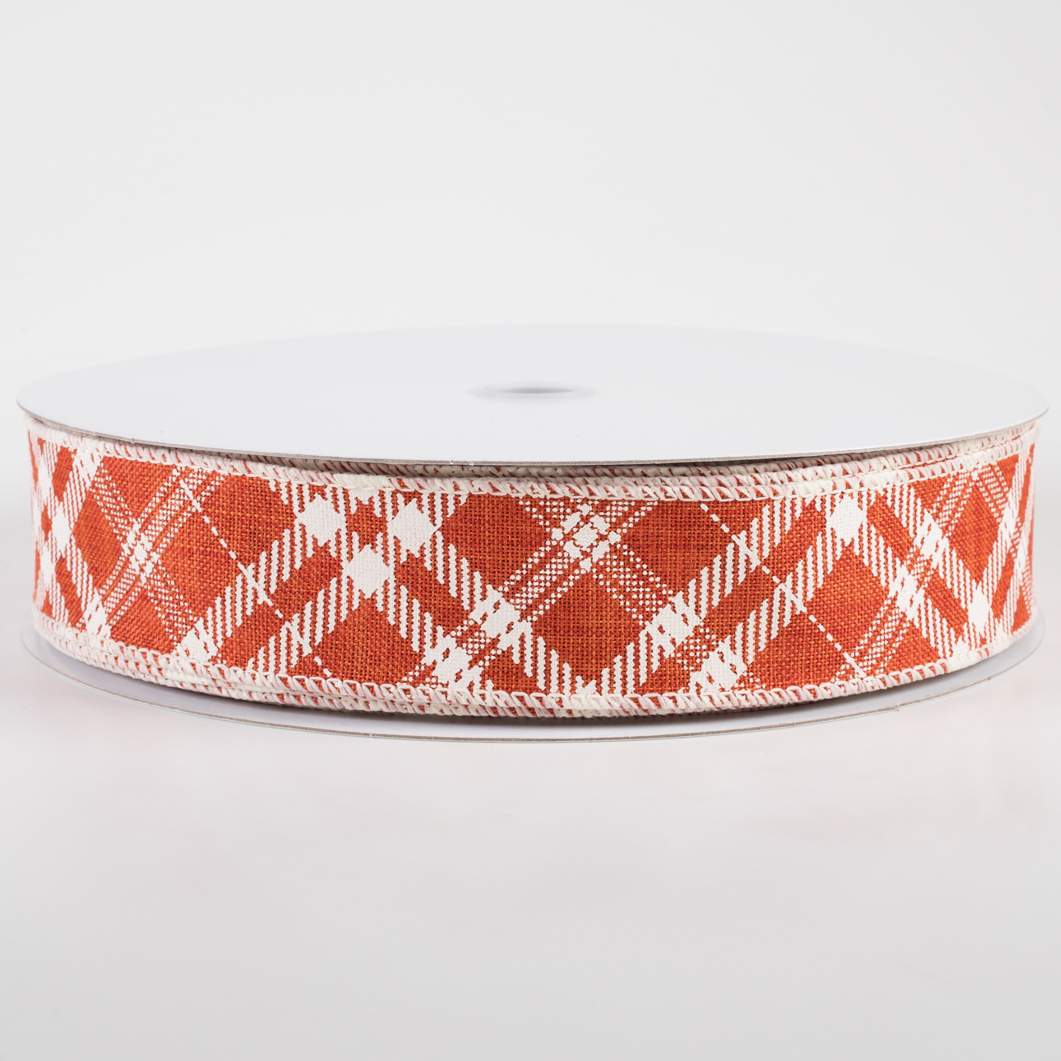 1.5" Linen Hazel Diagonal Plaid Ribbon: Orange (50 Yards)