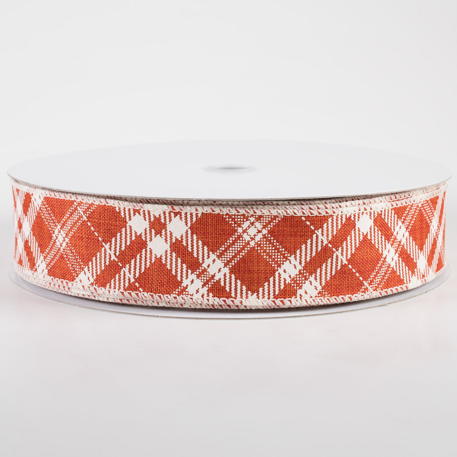 1.5" Linen Hazel Diagonal Plaid Ribbon: Orange (50 Yards)