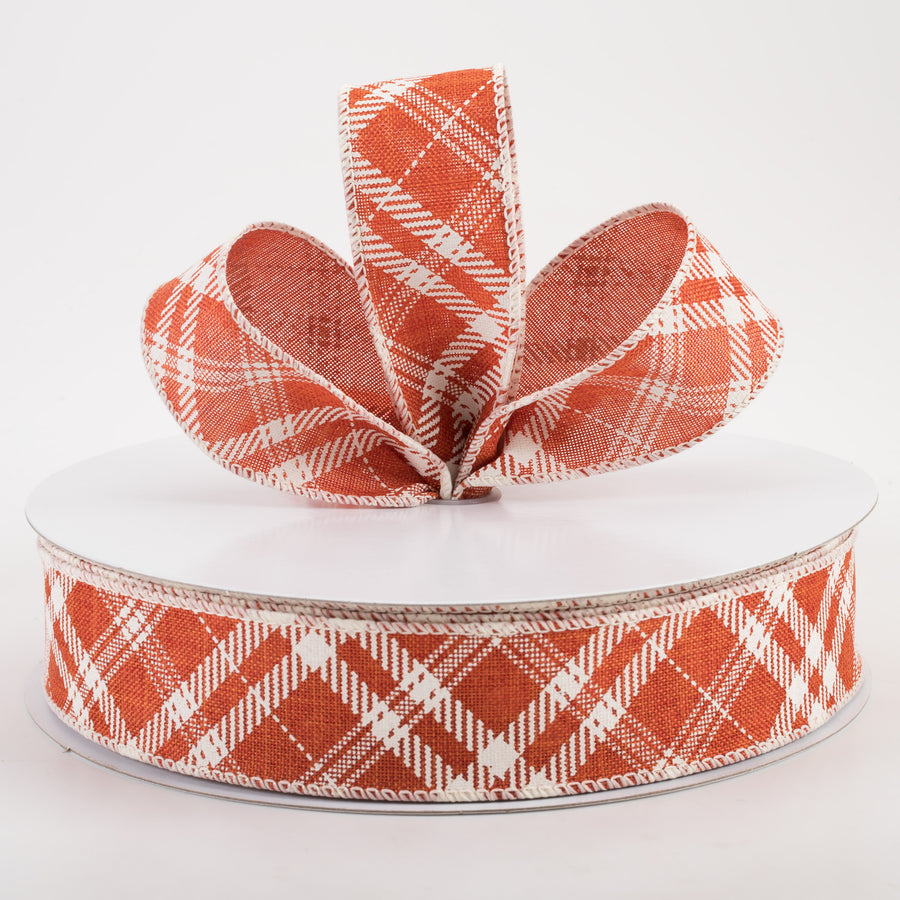 1.5" Linen Hazel Diagonal Plaid Ribbon: Orange (50 Yards)