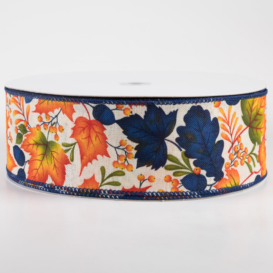 2.5" Linen Navy Fall Leaves Ribbon: Ivory (50 Yards)