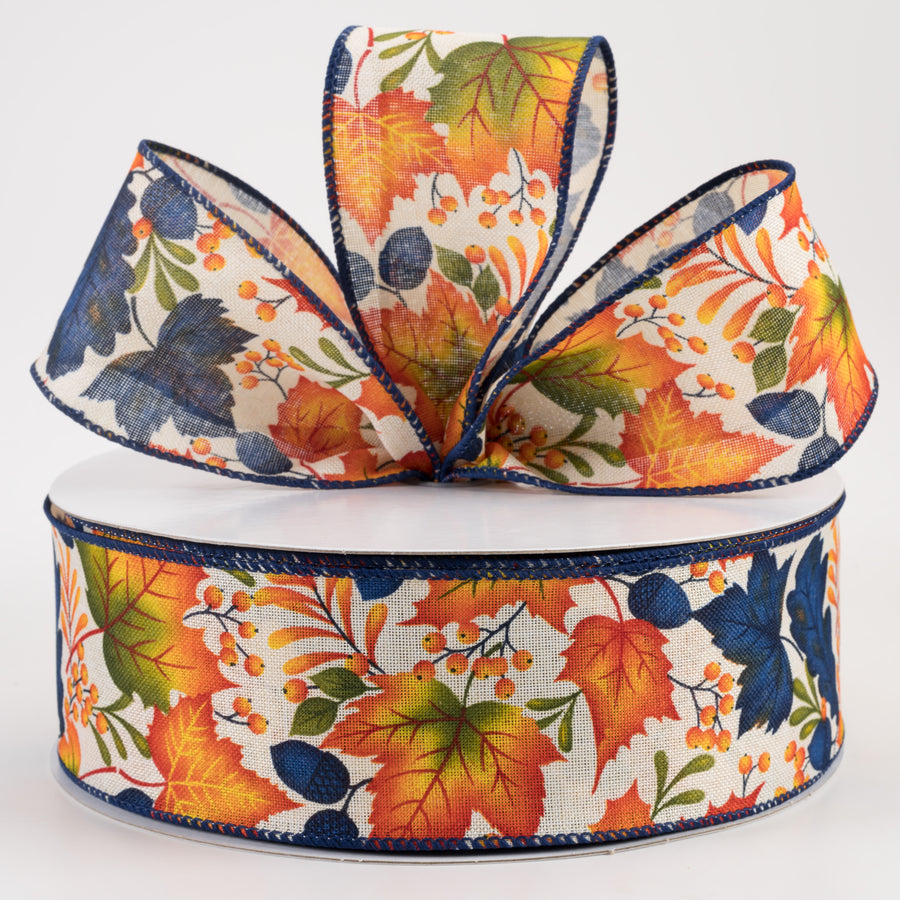 2.5" Linen Navy Fall Leaves Ribbon: Ivory (50 Yards)