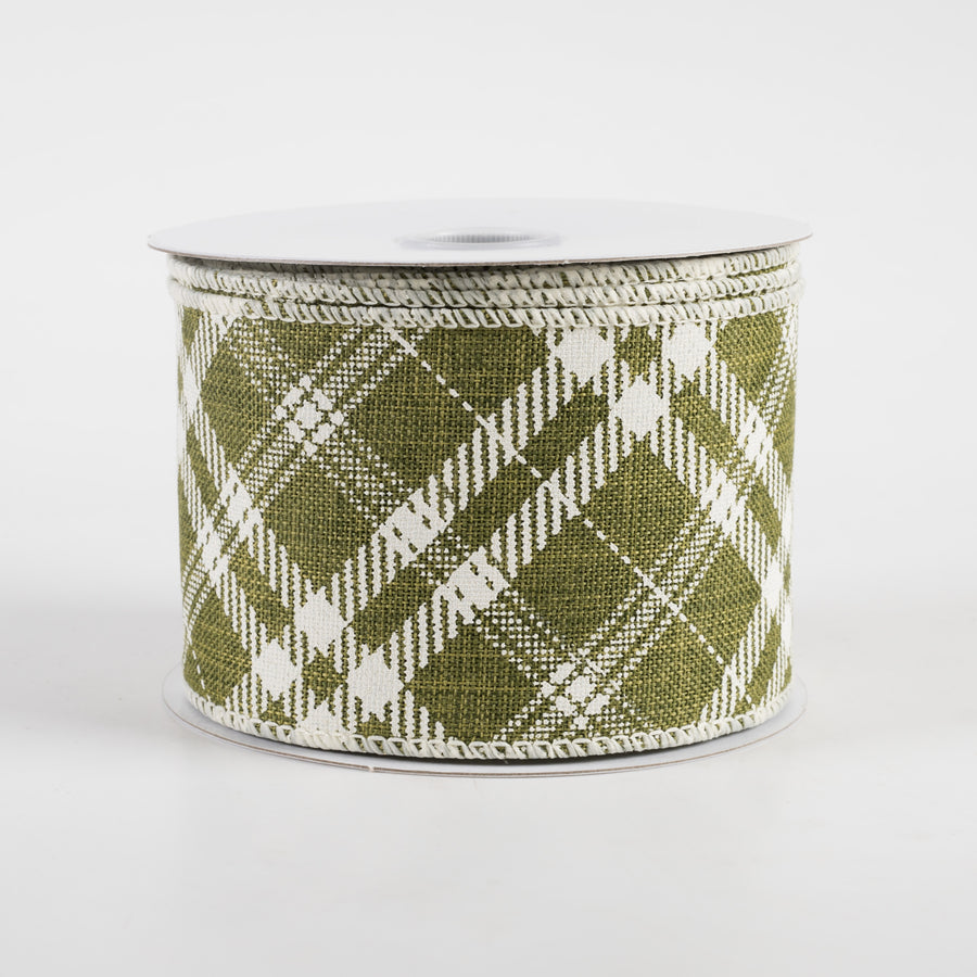 2.5" Linen Hazel Diagonal Plaid Ribbon: Moss Green (10 Yards)