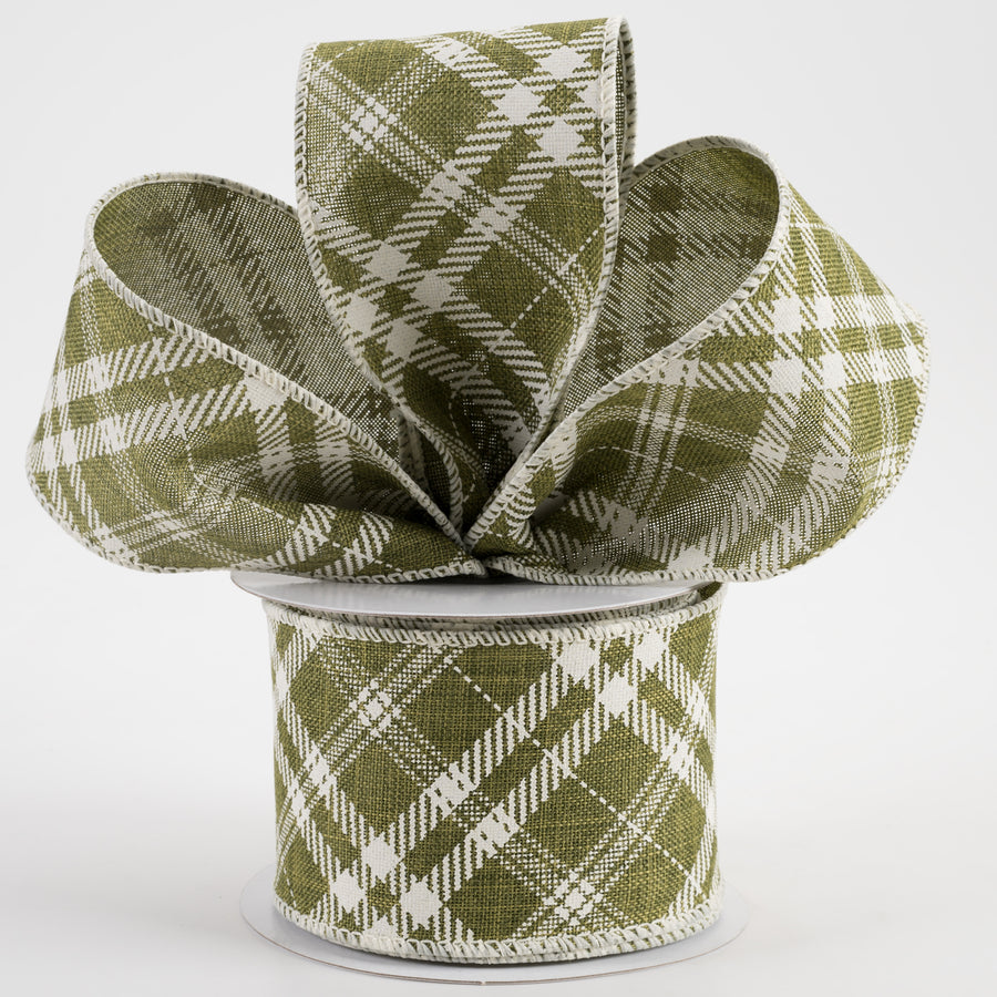2.5" Linen Hazel Diagonal Plaid Ribbon: Moss Green (10 Yards)