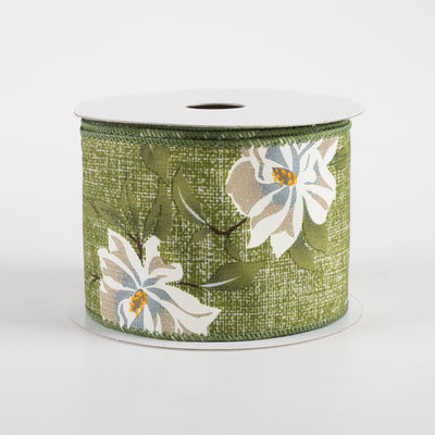 2.5" Linen White Magnolias Ribbon: Moss Green (10 Yards)