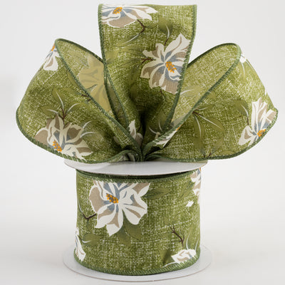2.5" Linen White Magnolias Ribbon: Moss Green (10 Yards)