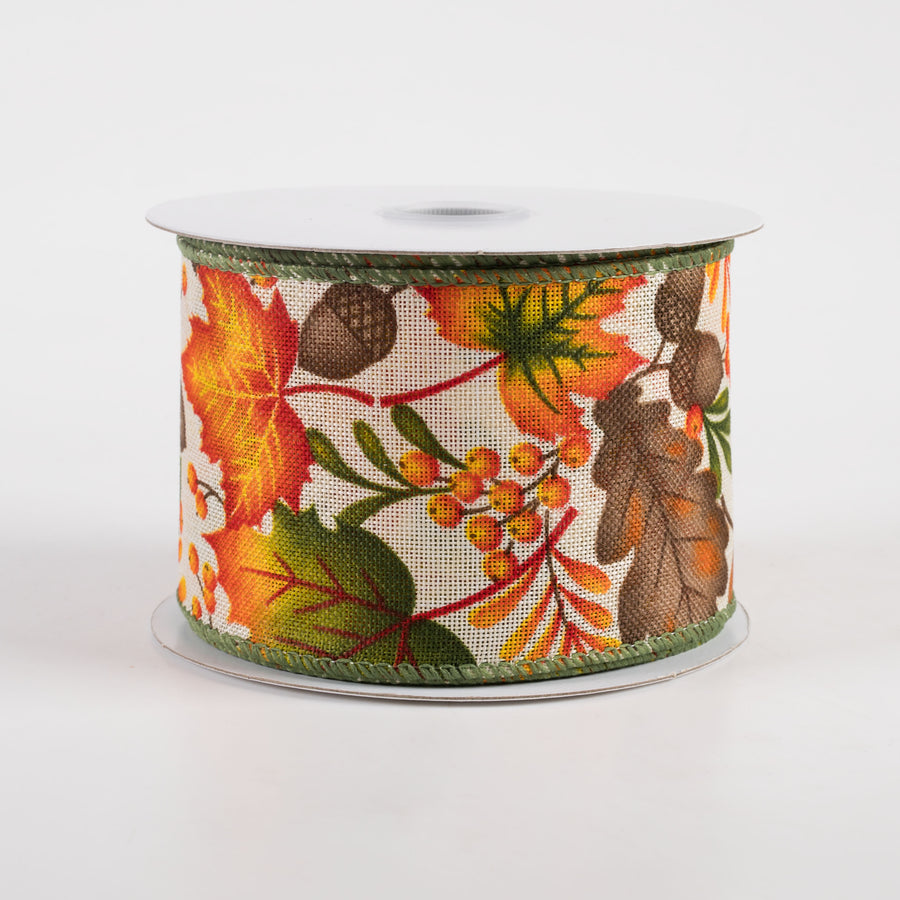 2.5" Linen Brown Fall Leaves Ribbon: Ivory (10 Yards)